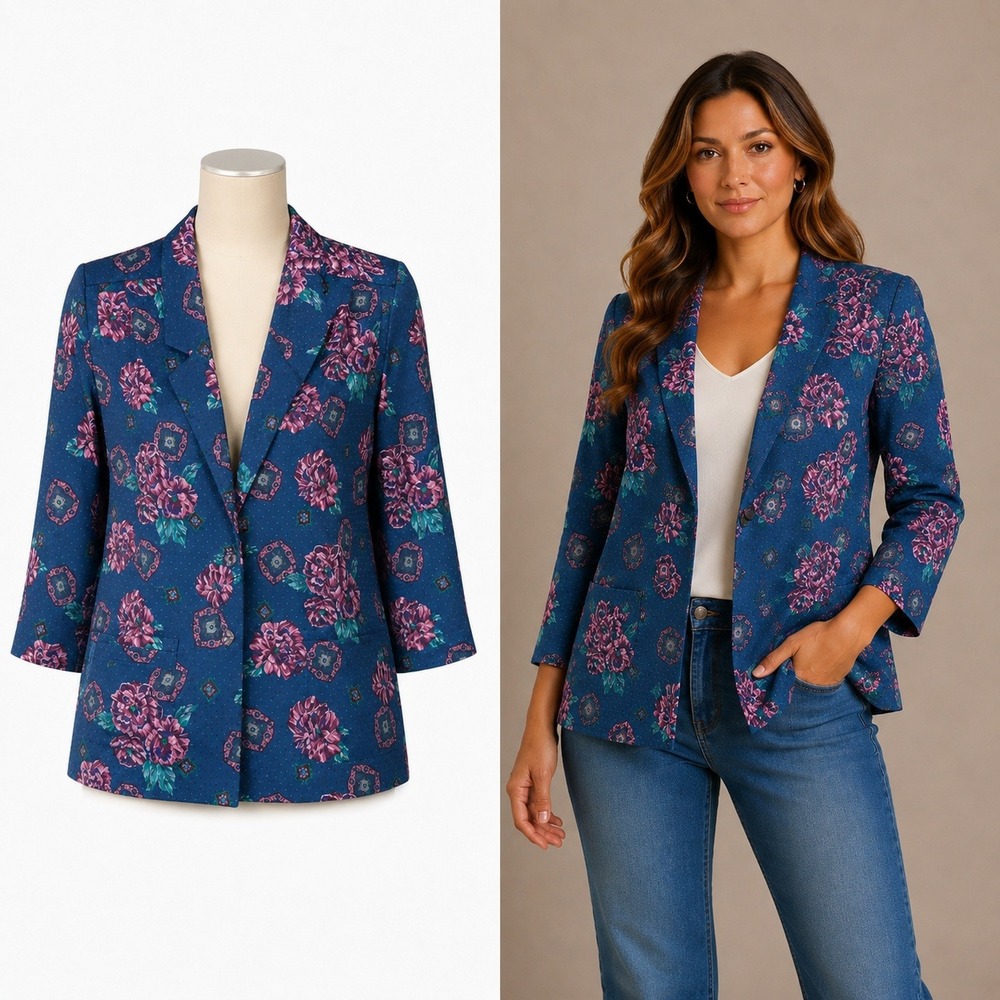 Pykettes Blazer Women L Teal‎ Pink Floral 80s Vintage Lightweight 3/4 Sleeve